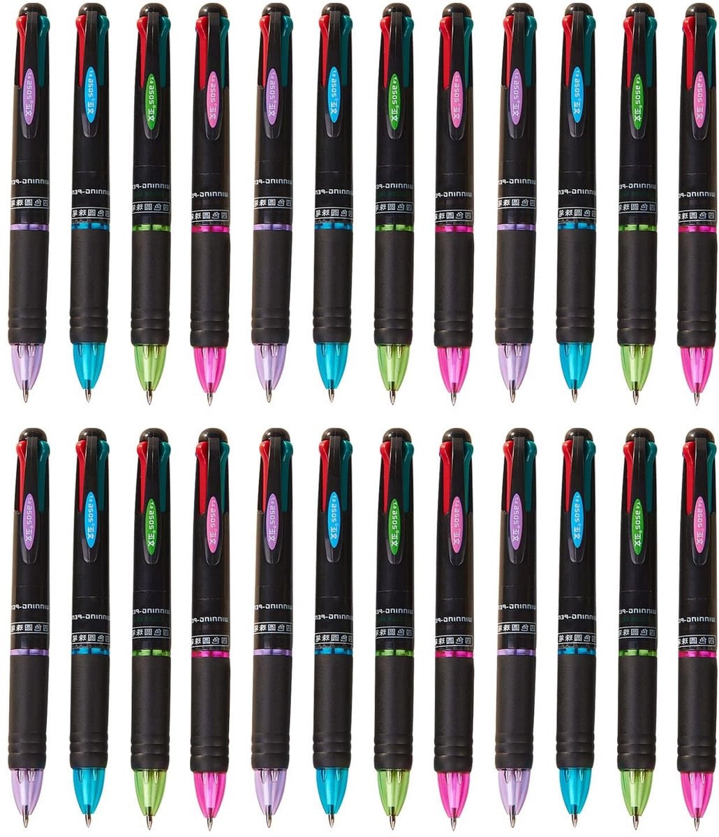 Intrekbare balpennen 24-pack - 4 kleuren inkt - zwart, blauw, rood & groen - ideaal voor thuis en op kantoor - ShopVlot