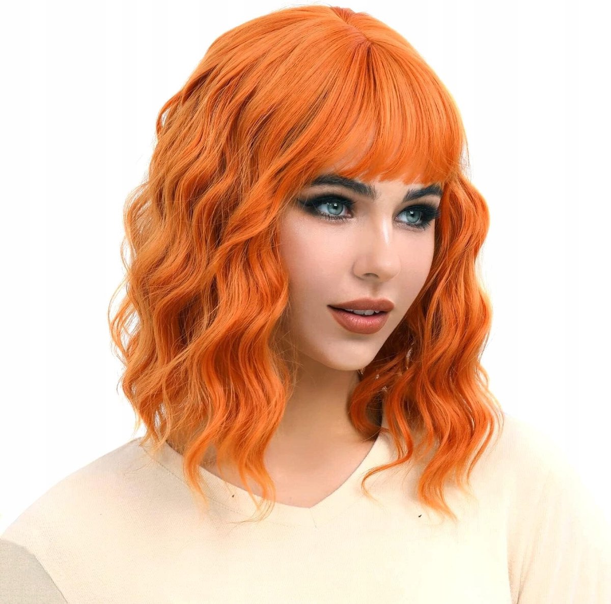 Oranje Bob Pruik met Pony - 35cm Synthetisch Haar