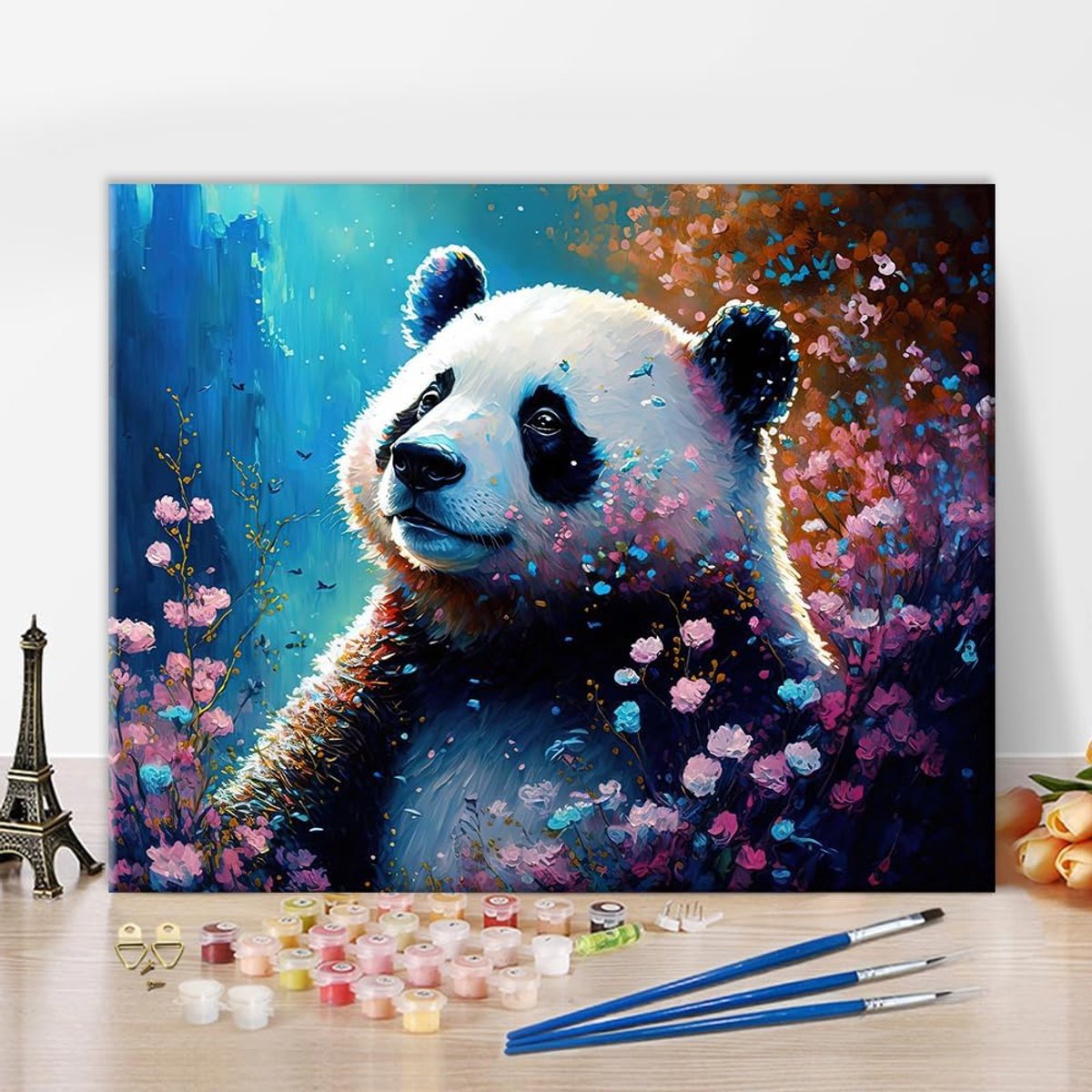 Schilderen op nummer panda en bloemen - 40 x 50 cm - acrylverf set - makkelijk schilderen voor volwassenen en kinderen - ShopVlot