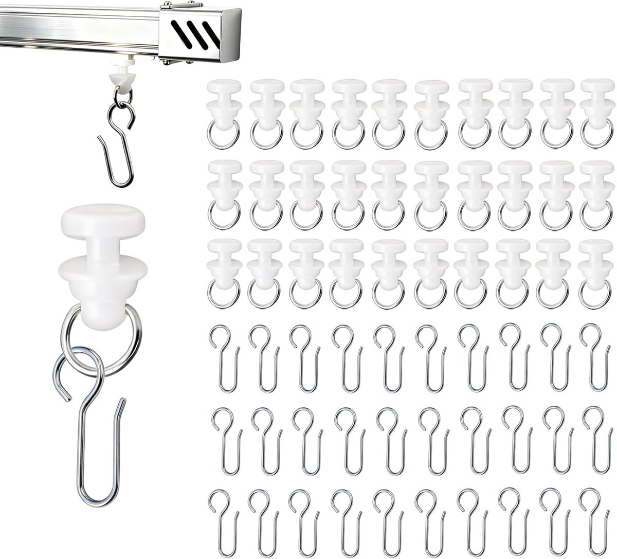 Cortinestoppers set van 100 - 50 plastic glides en 50 metalen haken - ideaal voor gordijnen en douchegordijnen - ShopVlot