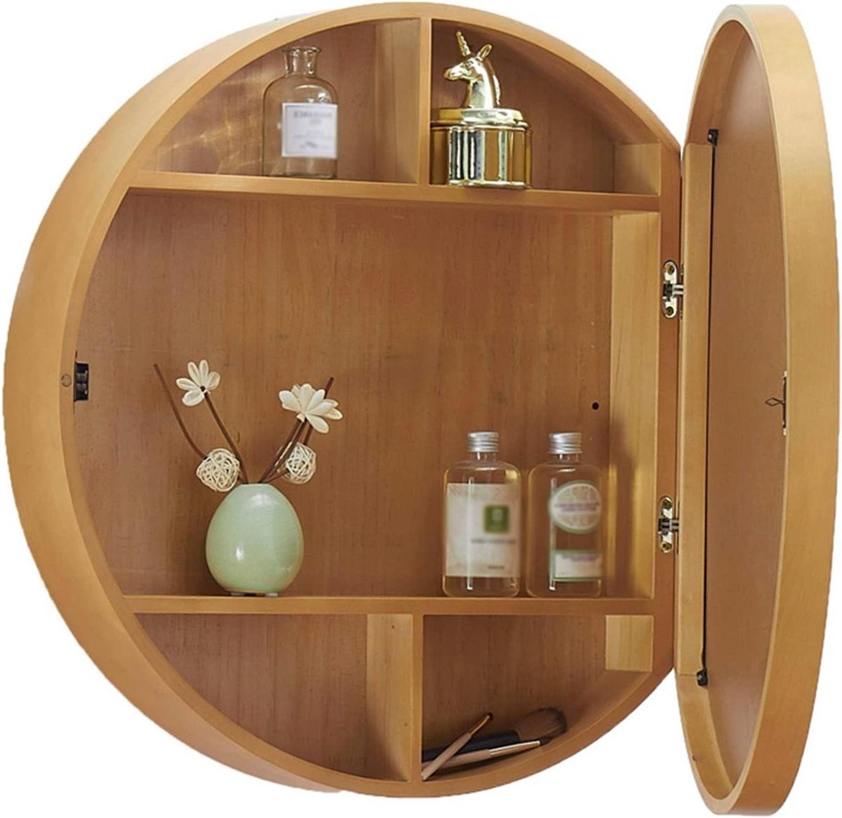 Ronde Spiegelkast - Badkamerkast Wandkast - Badkamer Organiseren - Massief Houten Frame - 50cm - Houtkleur