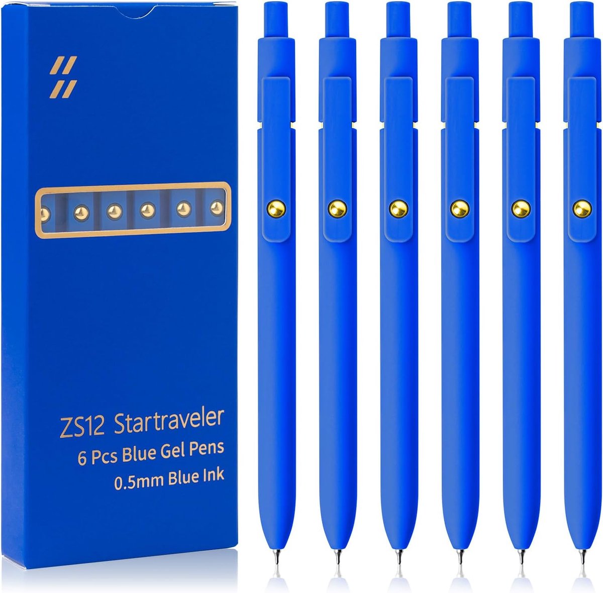 Blauwe inktgelpennen 0.5mm - 6 stuks - goudkleurige details - perfect voor notities en journaling - ShopVlot