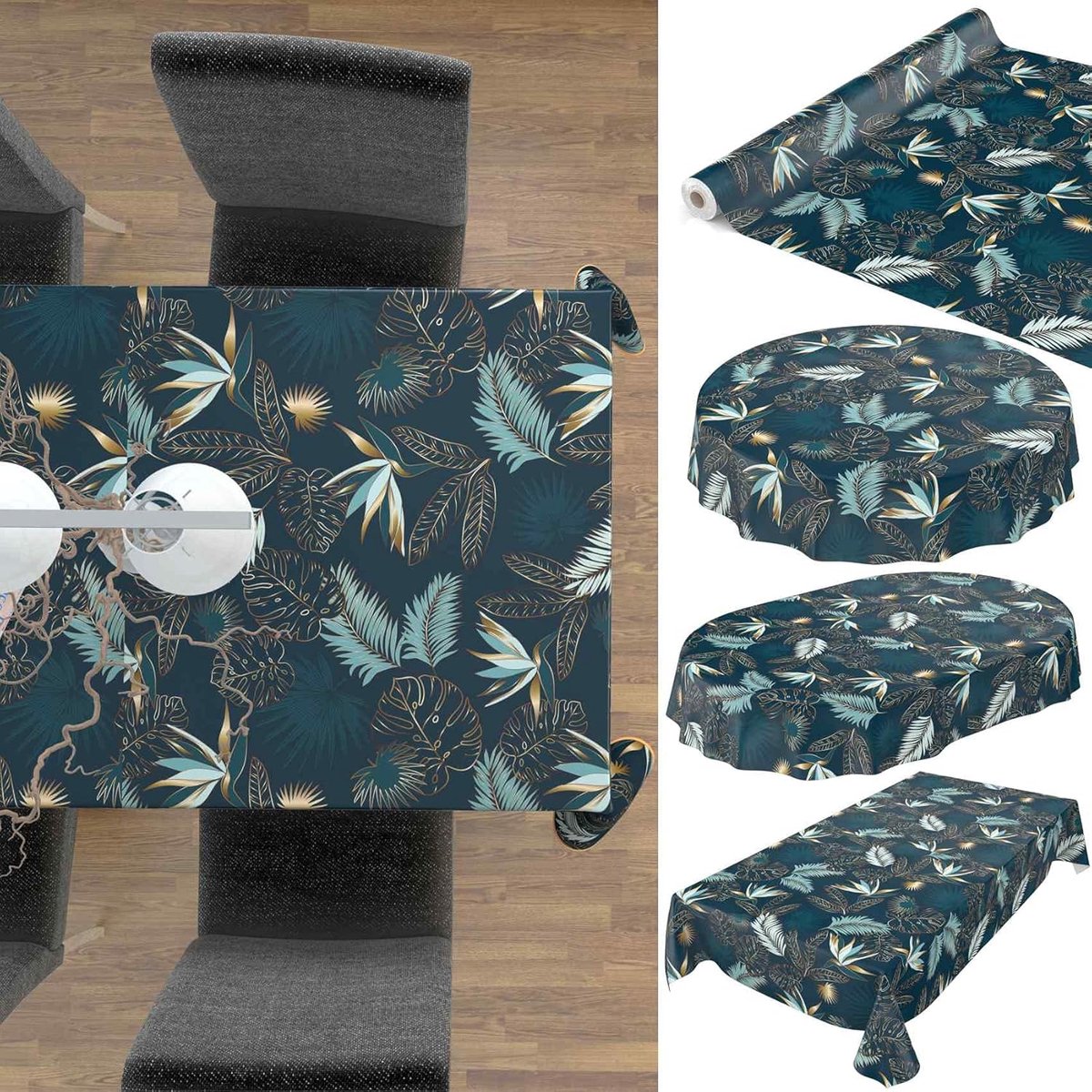 Tafellaken rond 140cm - wasbaar olie- en PVC-coating - bladeren goud blauw - voor binnen en buiten - ShopVlot
