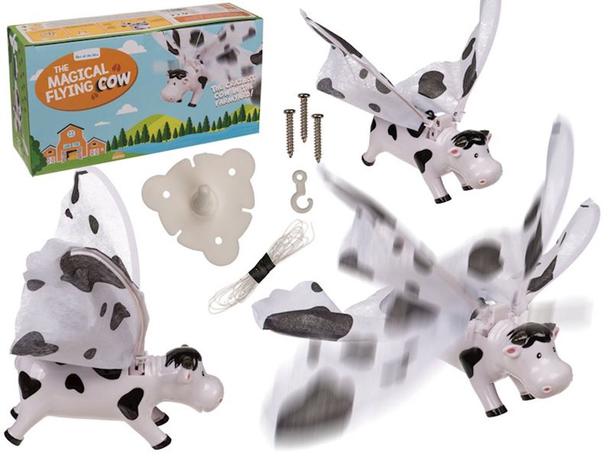 Vliegende koe, vliegt aan een snoer grappig gadget voor iedereen, leuk speelgoed en decoratie.