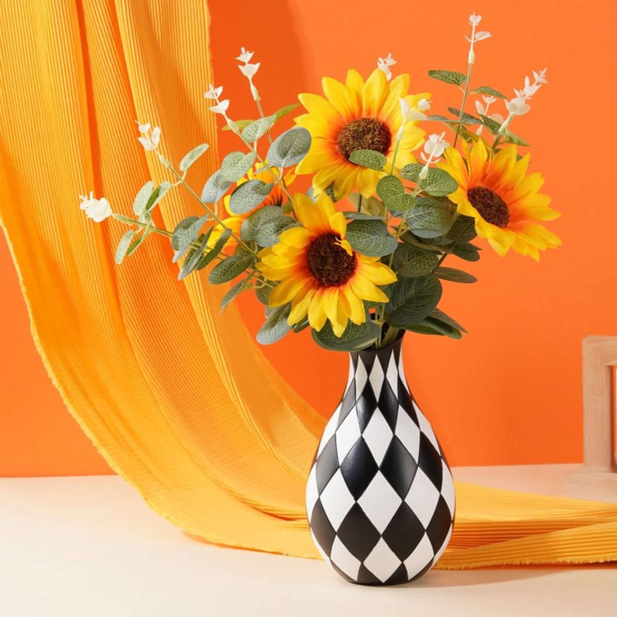 Bloemenvaas modern minimalist 10x10x18 cm - zwart-wit schaakbord patroon - klassieke Chinese stijl - ShopVlot