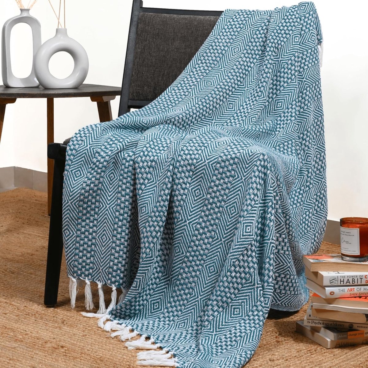 Plaid 50x60 inch - 100% katoen - Teal blauw - Comfortabel en decoratief - ShopVlot