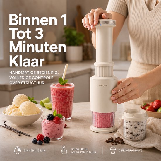 Seeger CompactCream - 5-in-1 IJsmachine - Inclusief 3 Bekers met Deksels - Gemakkelijk op te bergen - Voor IJs, Sorbet en meer - BPA-vrij - Beige van Seeger — afbeelding 5