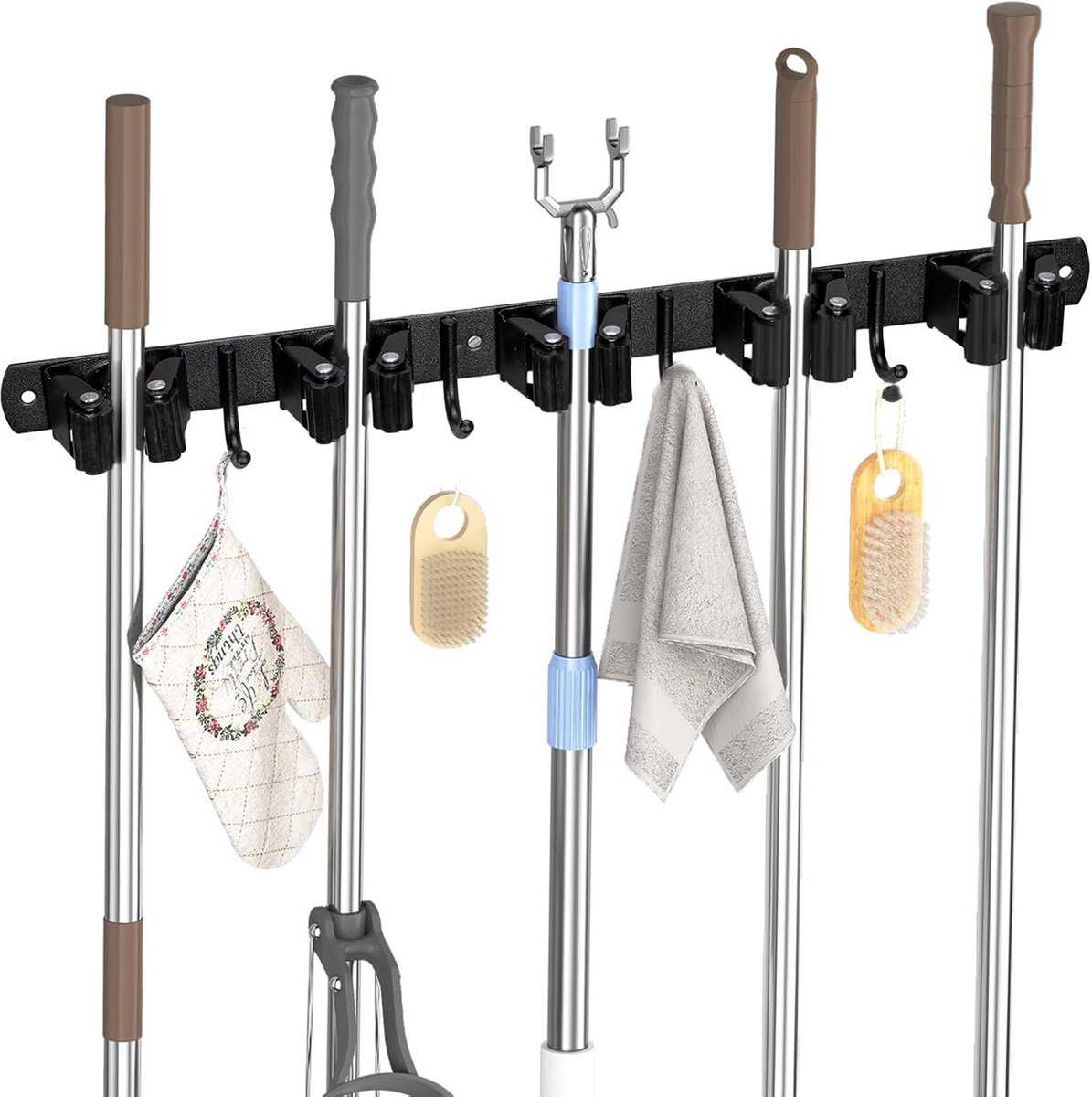 SnelShoppen - Carehabi 5 Bezemhouders met 4 Haken - Wandhouder voor Bezem, Zelfklevende Gereedschapshouder, Organizer voor Garage, Tuin, Keuken, Badka