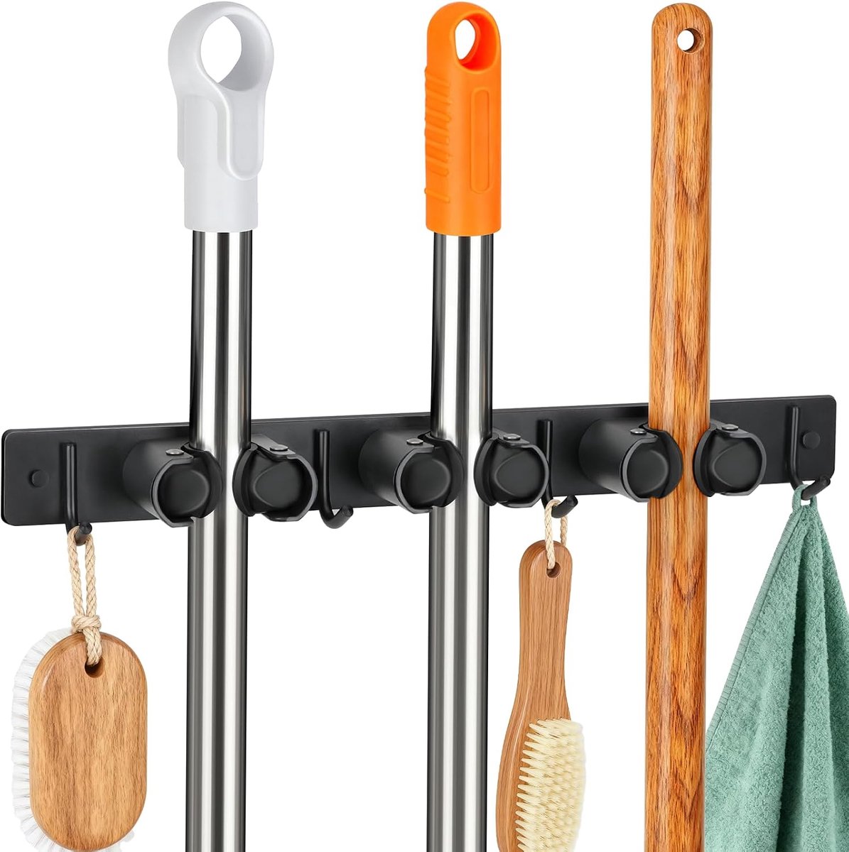 Broom holder 3 slots en 4 haken - muurbevestiging - verbeterde afstand voor eenvoudig gebruik - ShopVlot