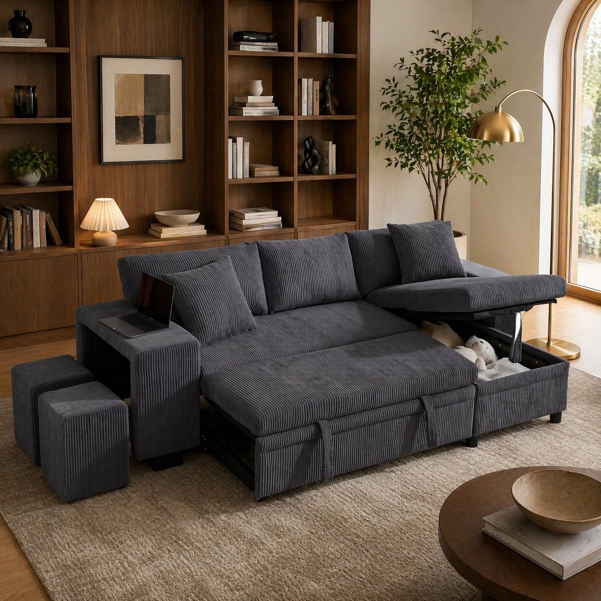 MEUNIQ hoekbank slaapbank L-vormig 231 x 131,5 x 84 cm met opbergruimte, USB- en Type-C-aansluiting, ribstof, donkergrijs
