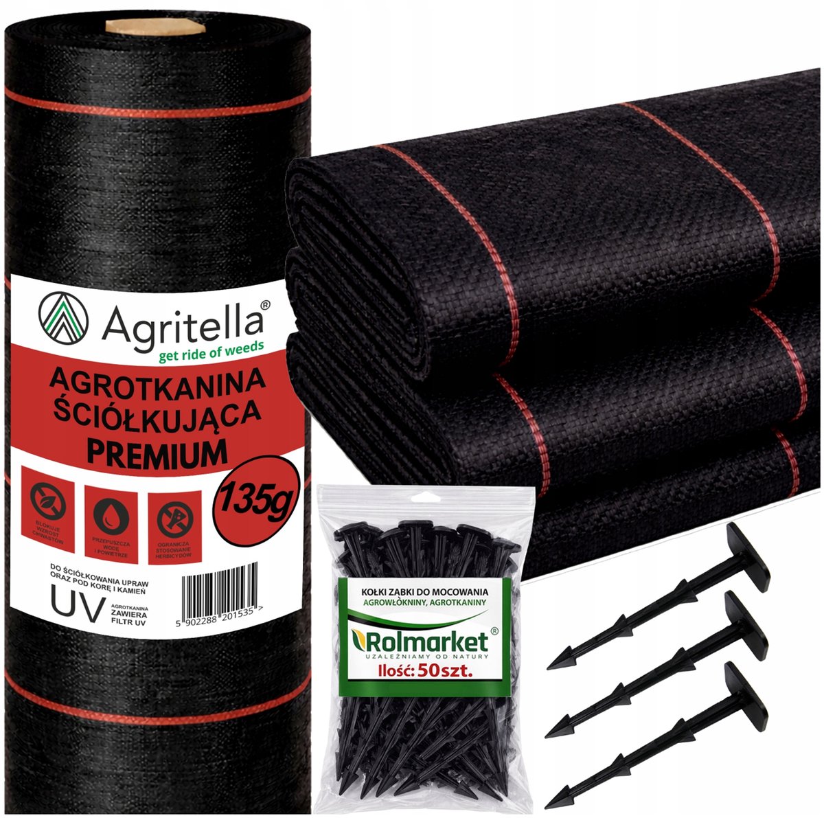 Agrotkanina 1,1x50m 135g Premium Zwart UV + 50 Stokken