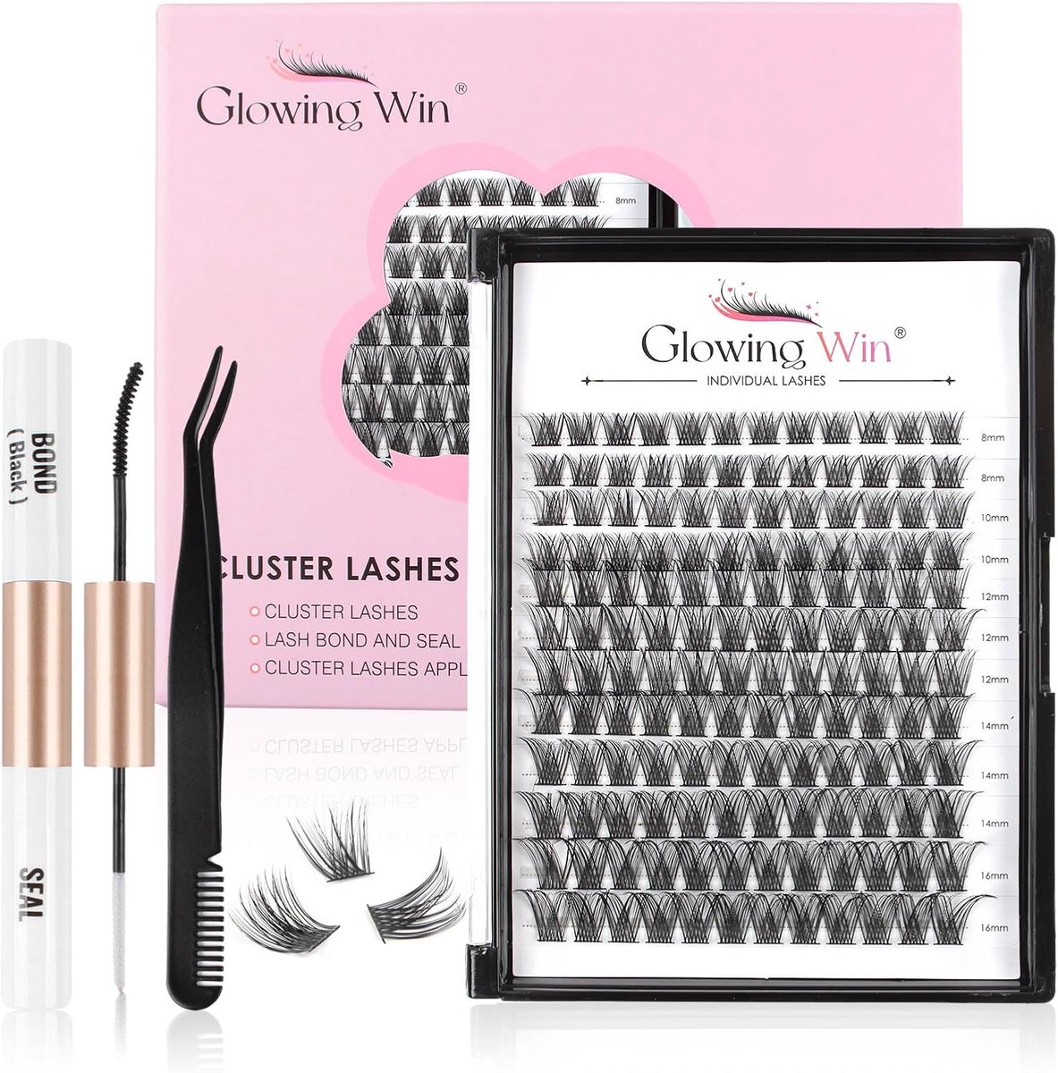 SnelShoppen - Cluster Wimpers Set - DIY Wimperextensions Kit met Lash Bond & Seal, Applicator, 144 Stuks, Natuurlijke Valse Wimpers 8-16mm, Dierproefv
