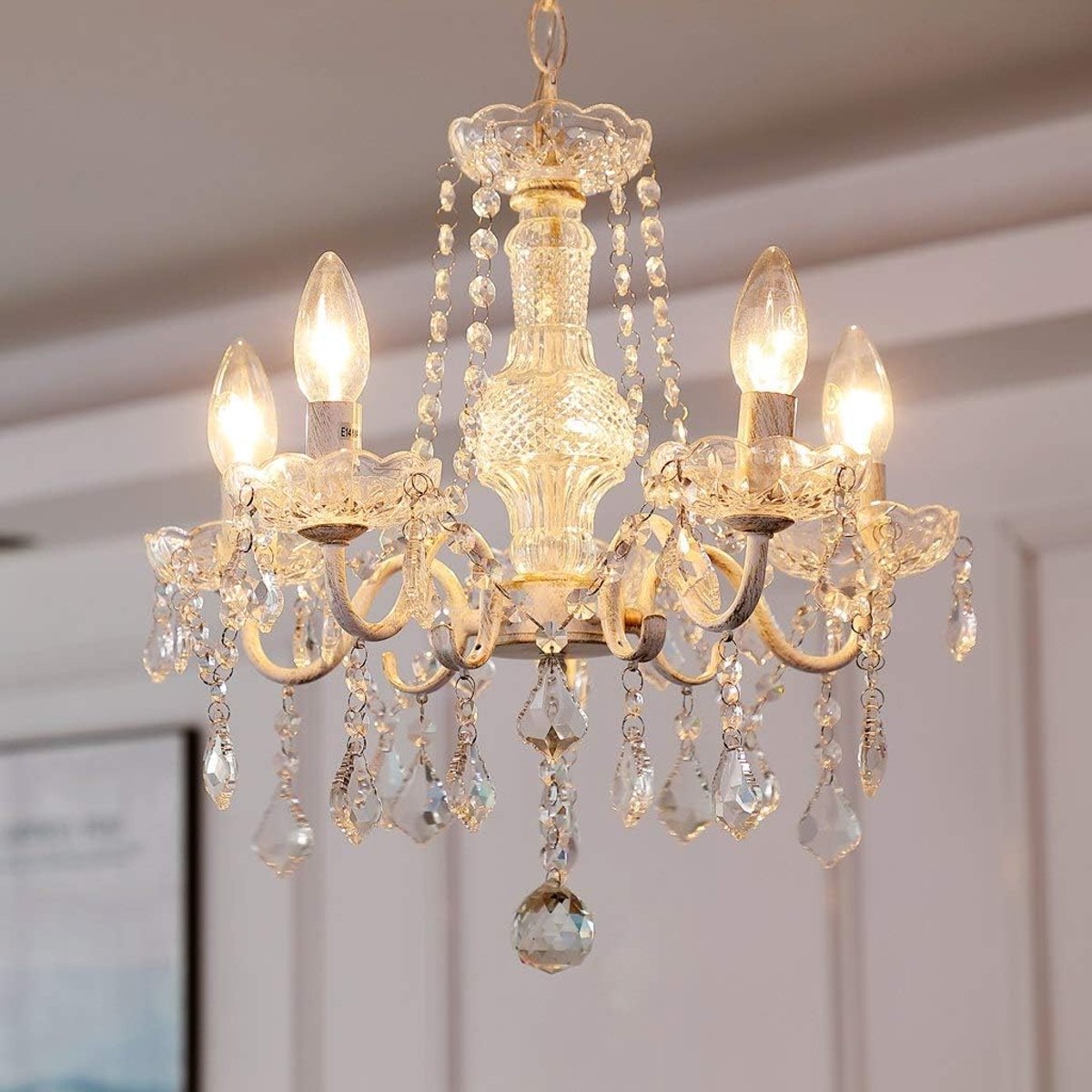 Kroonluchter 5 Armen - Handgemaakt Kristalglas - Vintage Wit Gelakt - Sfeervolle Verlichting voor Elk Interieur - ShopVlot