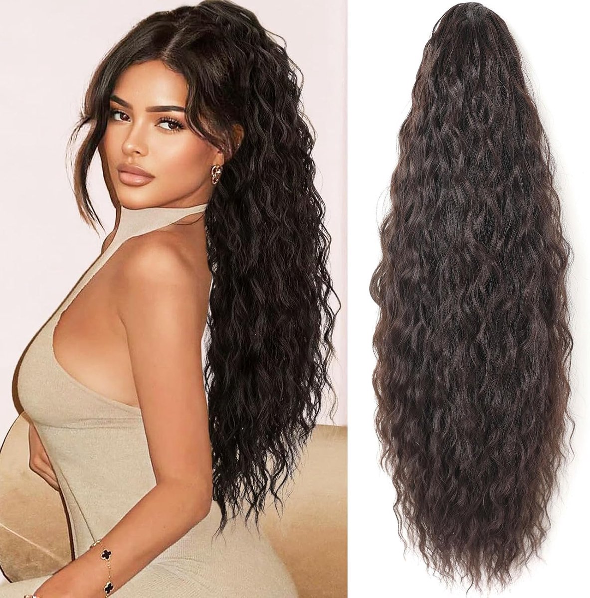 Ponytail extensions 24 inch - donkerbruin - krullend - perfect voor dagelijks gebruik - ShopVlot