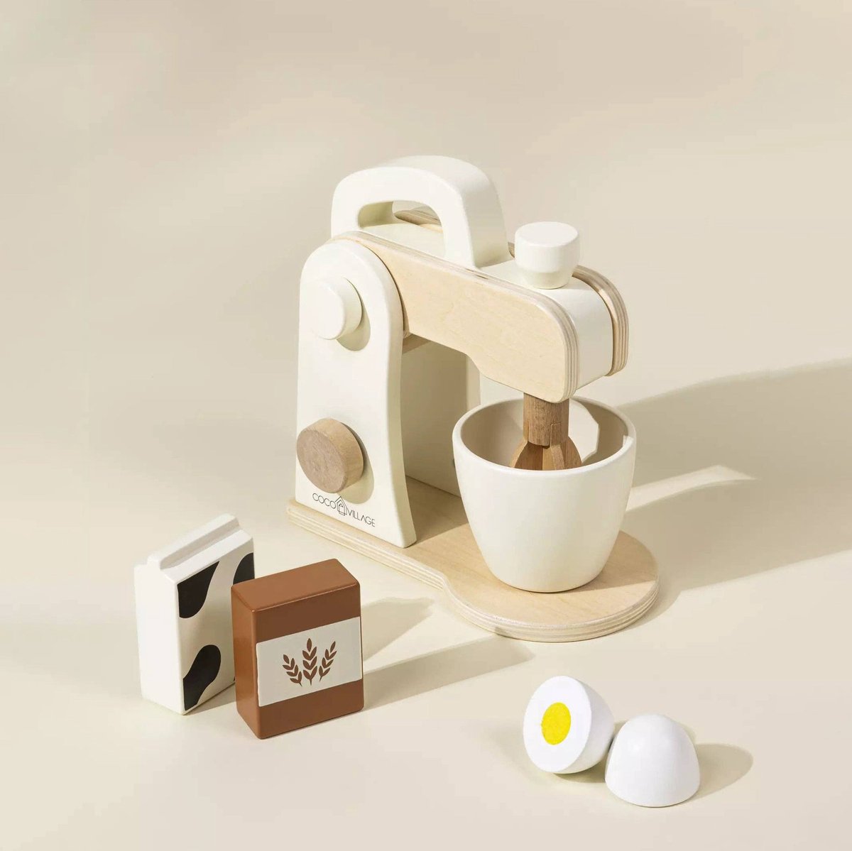Houten Standmixer Speelset | Realistische mixer met melkpak, meel en ei