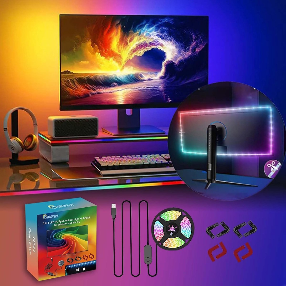 LED strip light 2M - RGB kleurensynchronisatie - perfect voor computer PC - werkt met Windows en macOS - ShopVlot