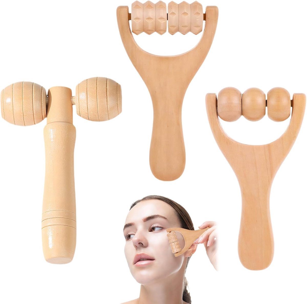Massage roller set 3-delig - houten rollers met handvat - voor nek, schouders en rugmassage - ShopVlot