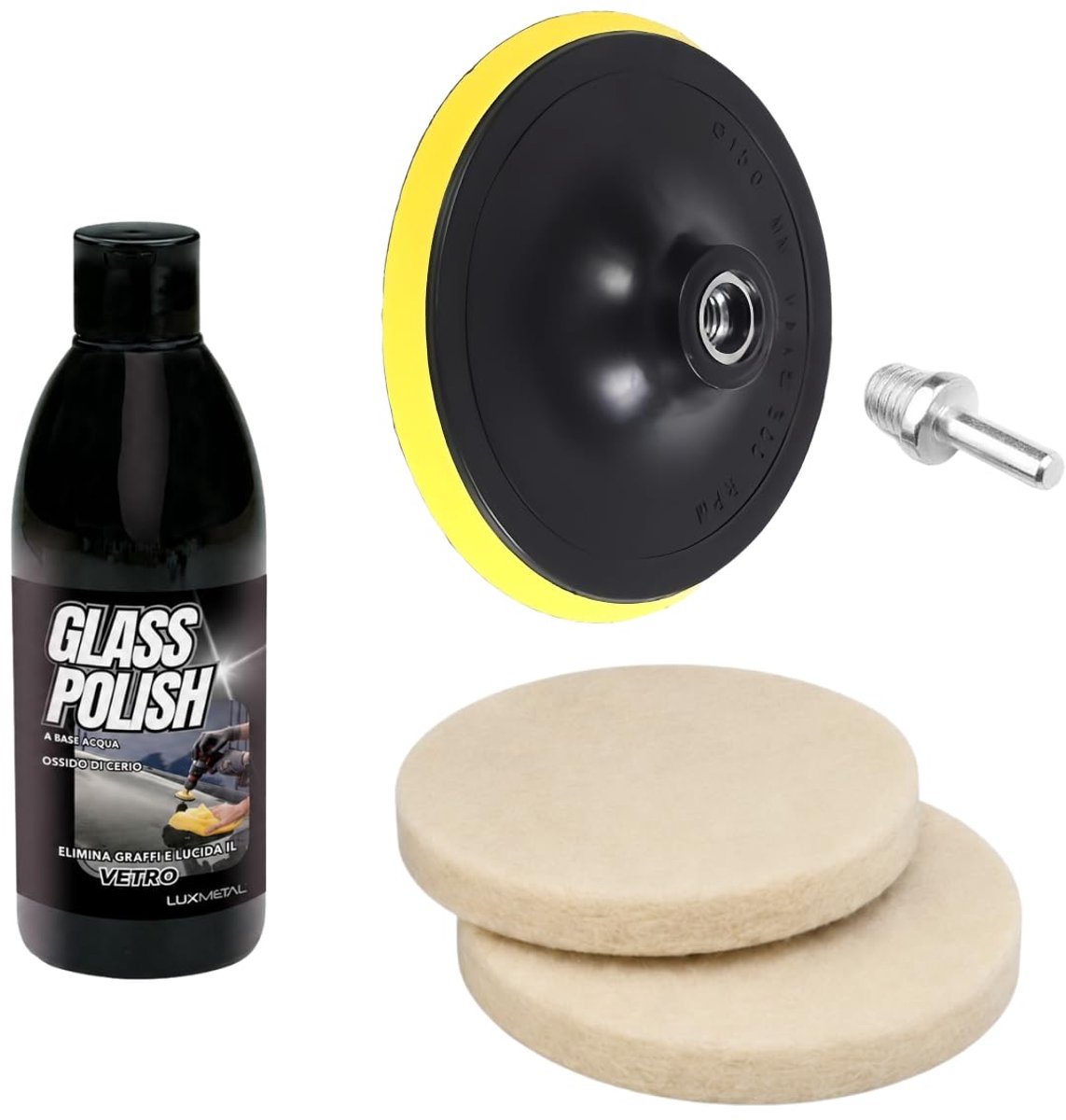 Glaspolijstset 250 g - glaspolijstpasta met ceroxide - slijpschijf Ø 150 mm - voor glanzende afwerking - ShopVlot