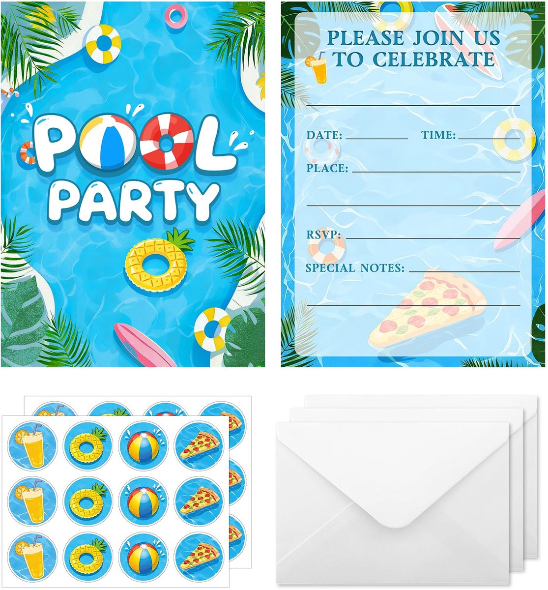 Uitnodigingen kinderverjaardag - 24 stuks - papier - zwembad thema - perfecte uitnodiging voor zomerfeest - ShopVlot