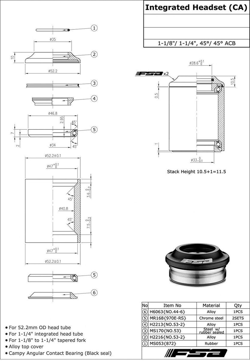 Geïntegreerd headset 1-1/8" - 1-1/4" met bovenkap - Voor 1-1/4" hoofdschuif - Verbeterde stabiliteit - ShopVlot