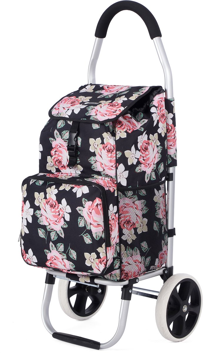 Packaway Boodschappentrolley 45L met Koelvak - Boodschappenwagen met Grote Wielen - Steekwagenfunctie - Waterafstotend - Black Flower