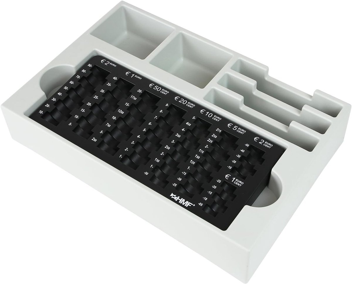 Muntensorteerder met tray 35 x 23.5 x 7 cm - zwart kunststof - 3 compartimenten voor biljetten - ShopVlot