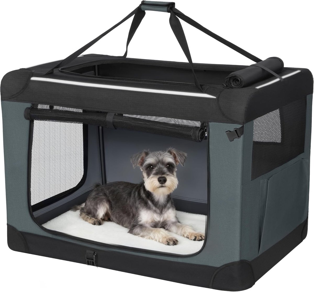 HILINSIE Opvouwbare Hondenbench met 3 Deuren, 60x42x42 cm, Grijs,Draagbare Opvouwbare Reisbench, Ademende Bench voor Huisdieren, Geschikt voor Grote Honden, voor Binnen en Buiten