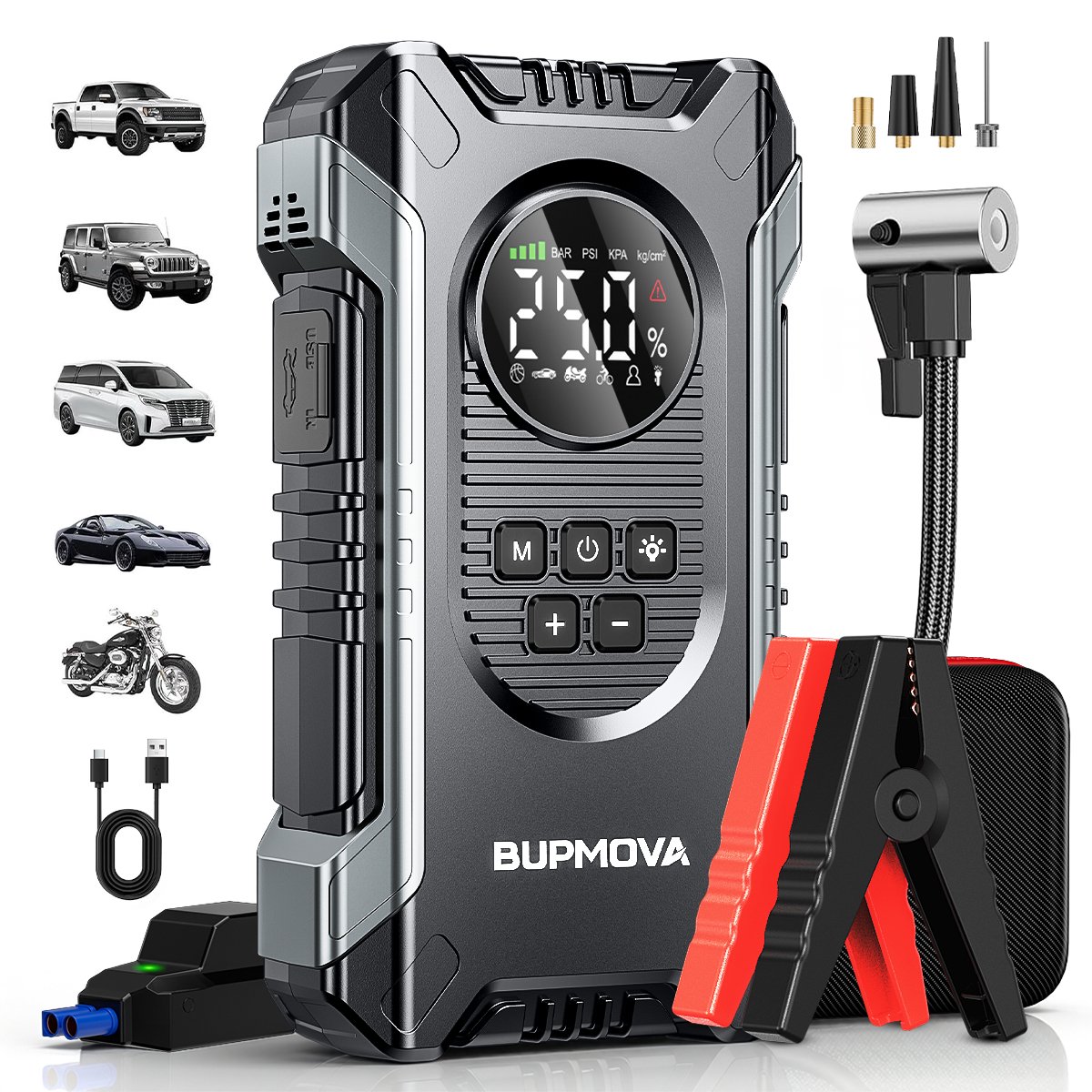 BUPMOVA 12V Jumpstarter voor Auto & Motor met Compressor - 8000A / 20180 mAh Powerbank - Startkabels - USB C - Bandenpomp Tot 10.8 Bar - LED Zaklamp - SOS Noodlicht - Noodpakket - Alle Voertuigen - Prata