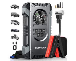 BUPMOVA 12V Jumpstarter voor Auto & Motor met Compressor - 8000A / 20180 mAh Powerbank - Startkabels - USB C - Bandenpomp Tot 10.8 Bar - LED Zaklamp - SOS Noodlicht - Noodpakket - Alle Voertuigen - Prata