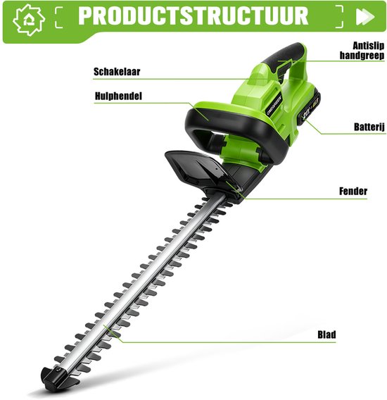 ONEGREEN Accu heggenschaar - 48cm Dual-Action - Elektrische Heggenschaar - 2×4.0Ah Accu's - 15 mm Tandafstand - voor tuin, struiken en heggen van OneGreen — afbeelding 2