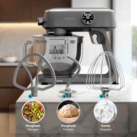 Fentic Keukenmachine 1800W, 7l RVS Mengkom, Keukenrobot met Alunimium Behuizing, Incl. Menghaak, Garde, Deeghaak en Extra Accessoires, Met Timer en 10 Snelheden van Merkloos — afbeelding 5