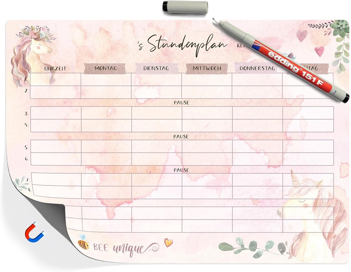 Witbord planner 1e klas - magnetisch - unicorn design - ideaal als eerste schooldag cadeau - ShopVlot