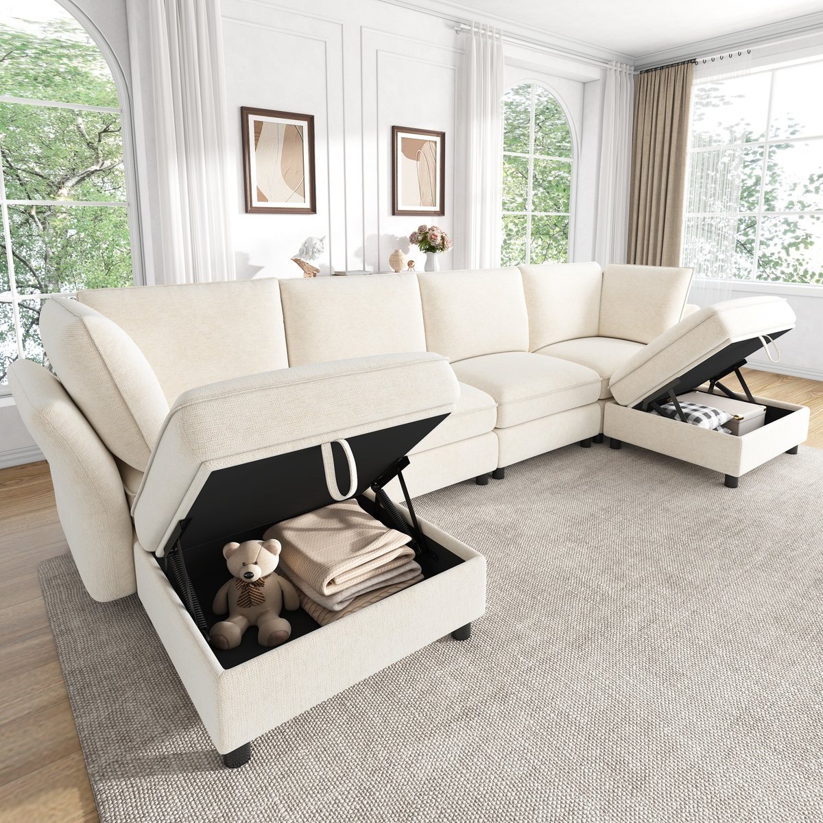 Woonkamer Hoekbank, U-Bank, Modulaire U‑/L‑Vormige Hoekbank, Vrij Combineerbare 6‑Zitsbank Met Opbergpoef, Wolkdesign, Chenillestof, Geschikt Voor Woonkamer, Appartement En Slaapkamer-Beige