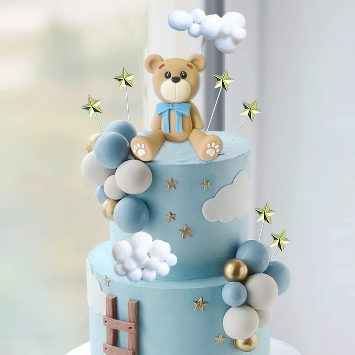 Taartdecoratie teddybeer 33 stuks - plastic - met sterren en ballen - voor verjaardagsfeesten - ShopVlot