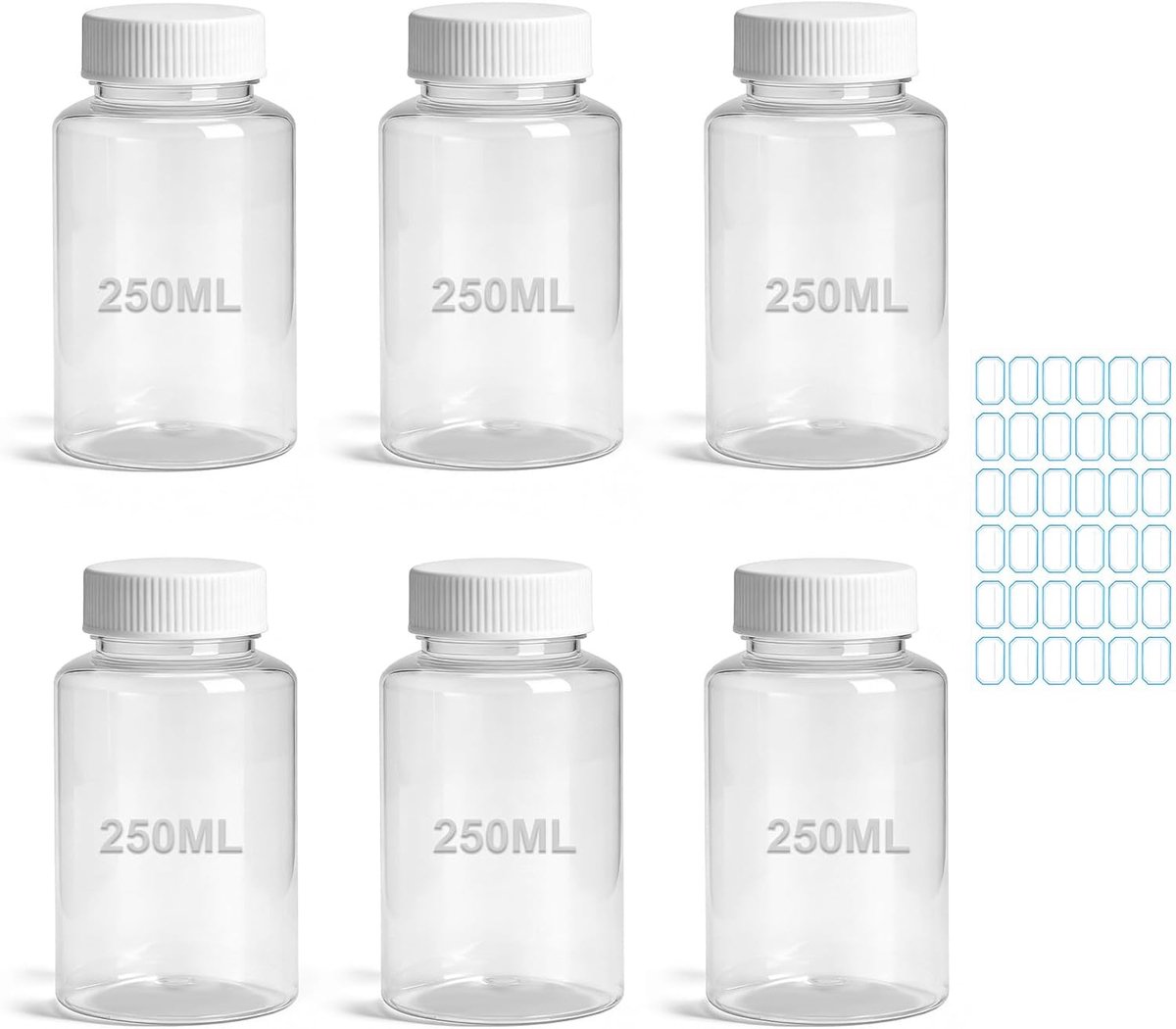 Plastic flessen 250 ml - brede hals - 6 stuks met labels - ideaal voor samples en kruiden - ShopVlot