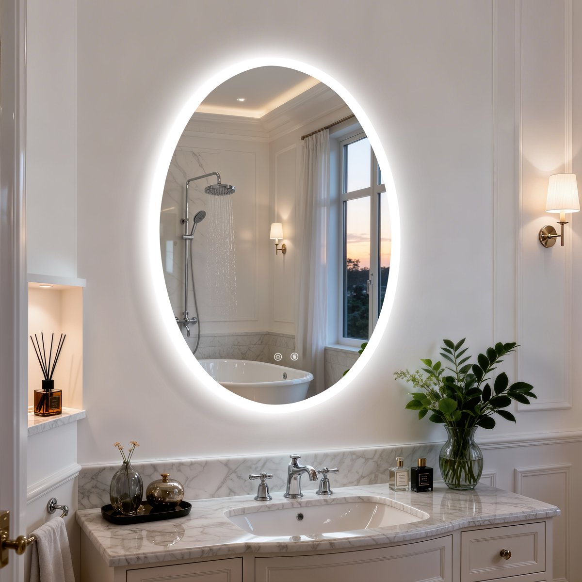 LED Badkamerspiegel 70x90 cm Ovaal met Anti-condens, Touch Sensor, 3 Lichtkleuren en IP66 Waterdicht
