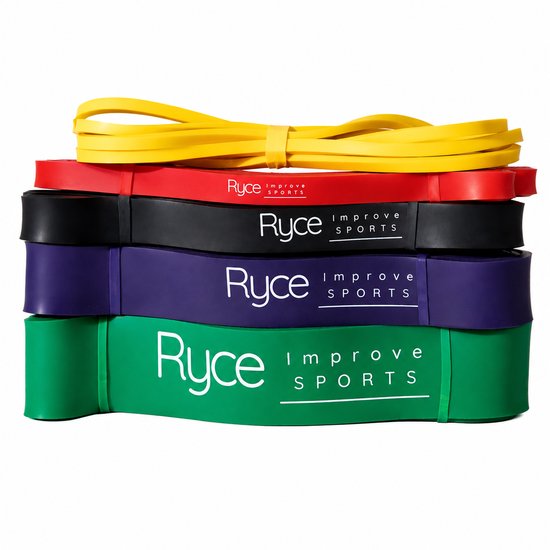 Stapel van vijf Ryce Sports weerstandsbanden in geel, rood, zwart, paars en groen.
