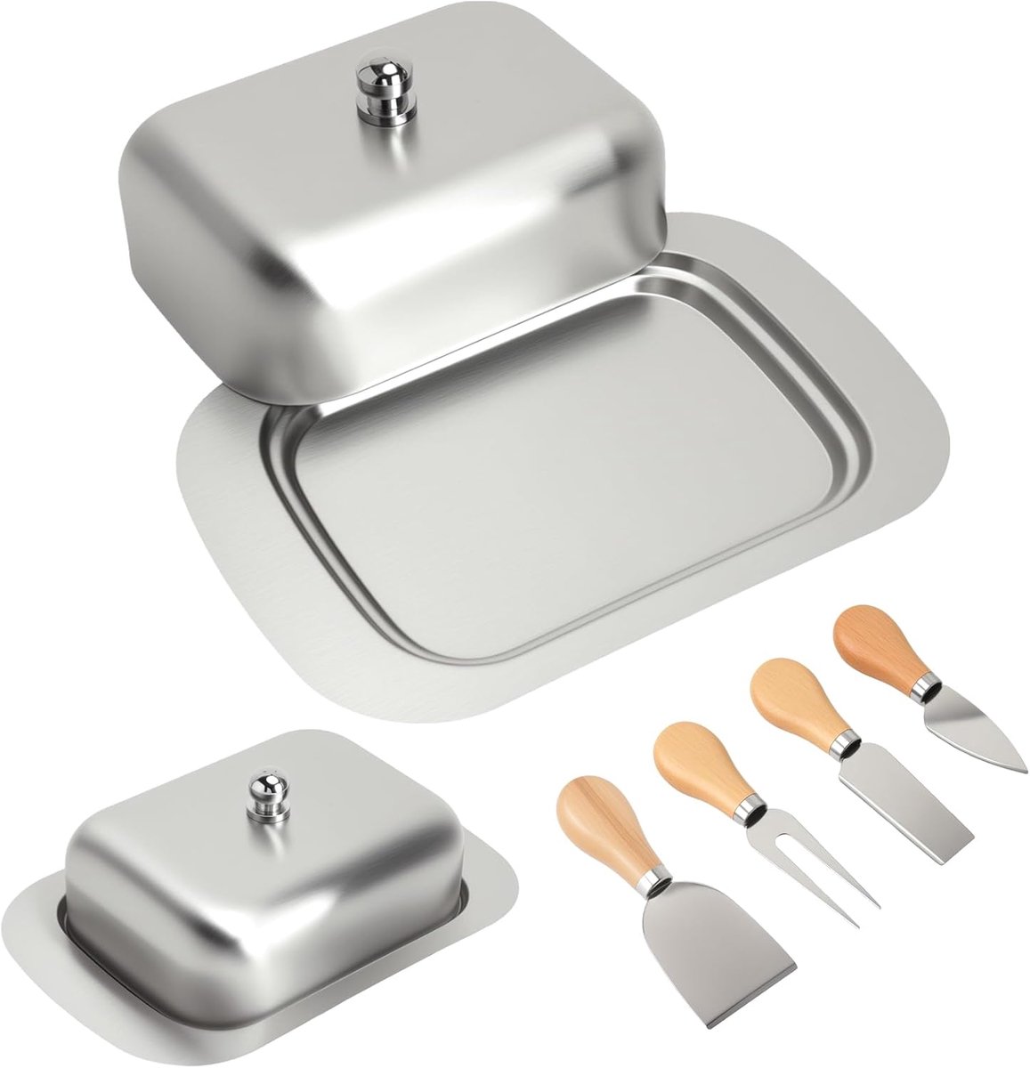 Boterdoos met deksel 18,5 x 12,2 x 4,5 cm - RVS - Inclusief 4 kaasmesjes - Voor boter, kaas en meer - ShopVlot