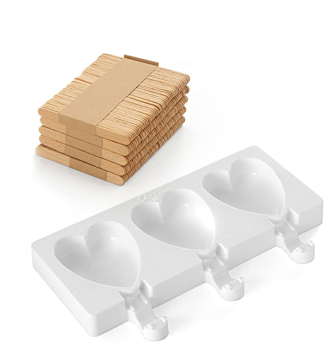 Silikon ijsvorm voor mini hartjes - 3 ijsharten met 50 houten stokjes