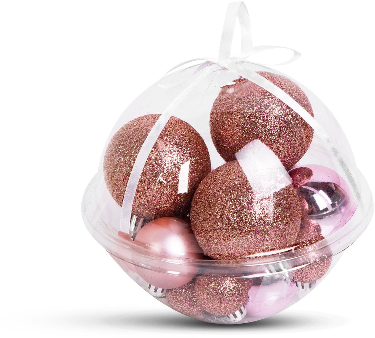 Kerstboomdecoratieset met 16 kerstballen (Ø3-6 cm) - roségoud - matte, glanzende & glitter afwerking - elegante plastic ornamenten [58786]