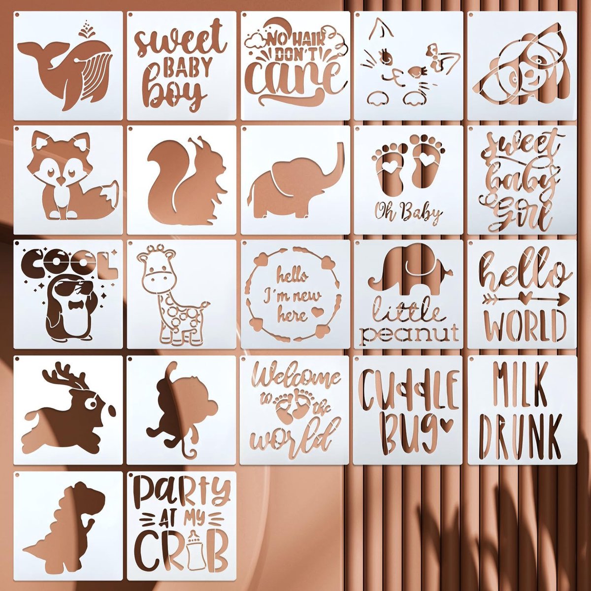 Baby Shower Stencils 22pcs - Herbruikbare Schilderstencils - Schattige Dieren en Zeggingen - Perfect voor Rompers - ShopVlot
