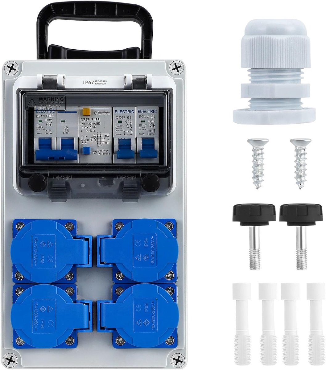 Bouwstroomdistributie 32 A - Wanddistributeur IP67 - Met FI-schakelaar en 4 Schuko-aansluitingen - ShopVlot