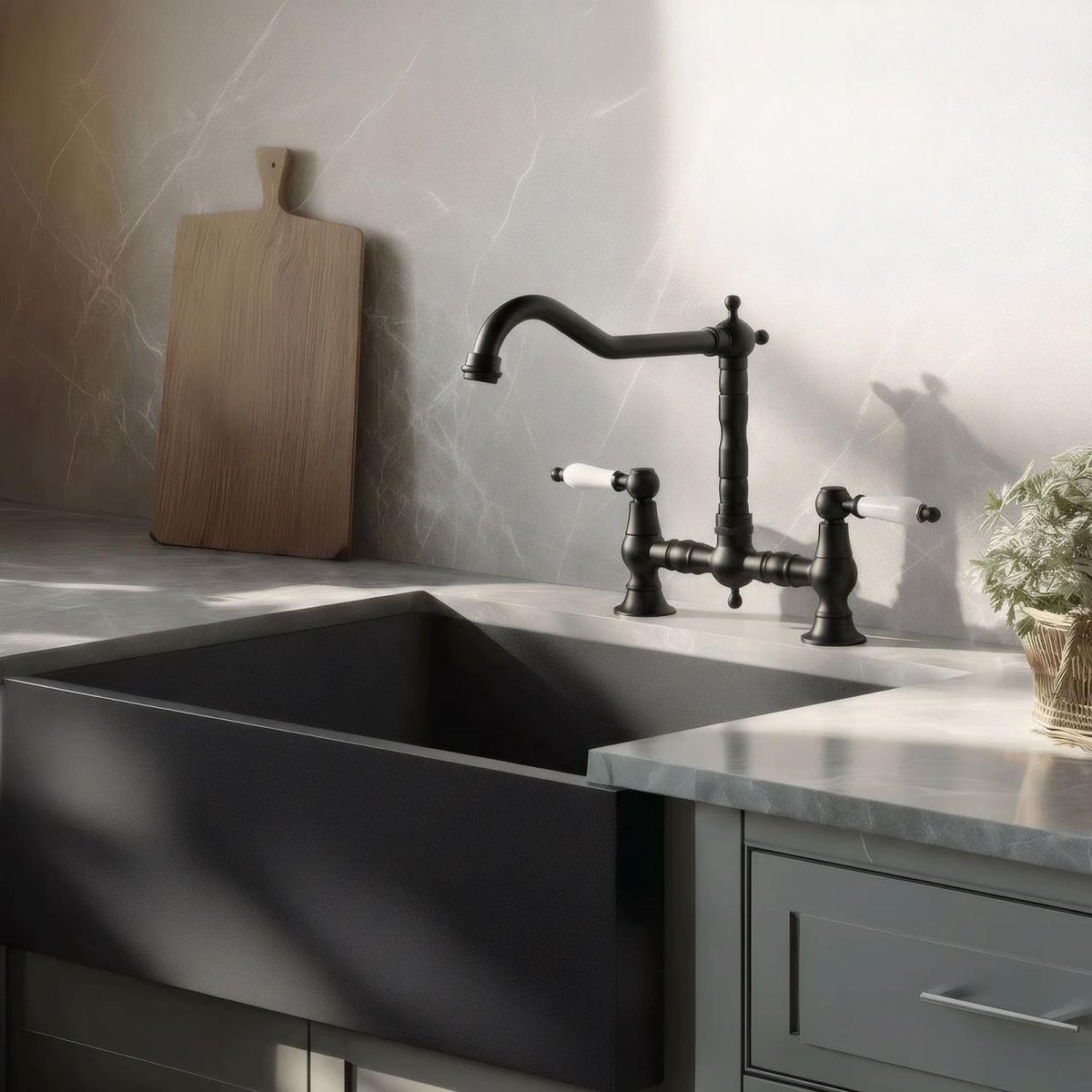 Aquanello Heritage Manor Klassieke Keuken Nostalgische Brug Keukenkraan Zwart met Witte Hendel BL-0010-HM
