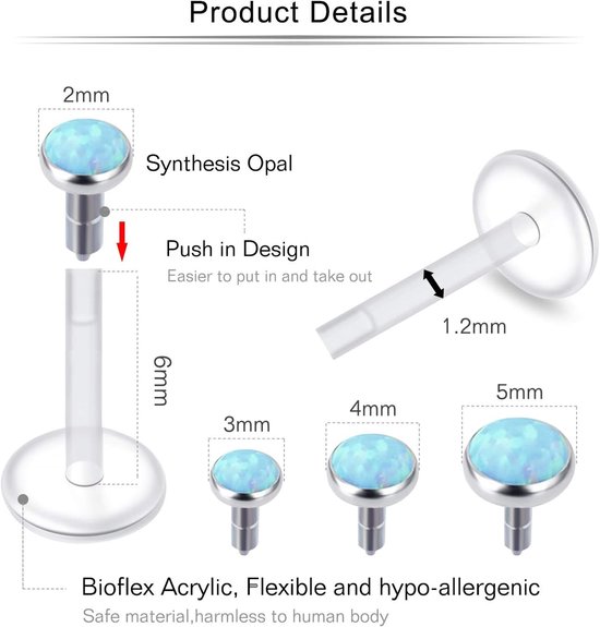 Doorzichtige tragusoorbellen, helixoorbellen, lipstuds, flexibele labretstuds, acryl, 1,2 mm, met CZ, opaal, kraakbeenpiercing voor vrouwen, mannen, 6 mm/8 mm/10 mm, Kunststof — afbeelding 2