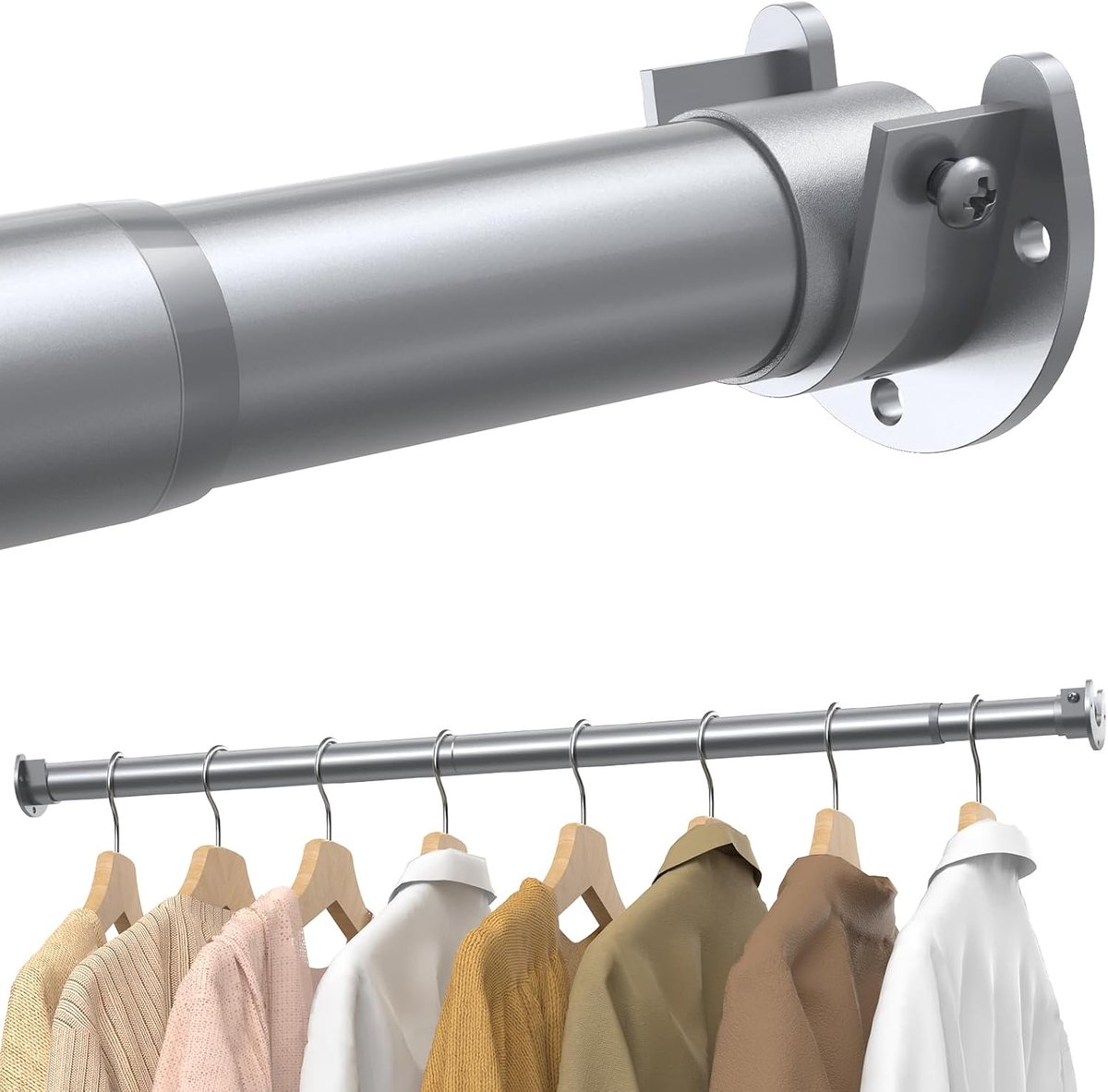 43 tot 135 cm Traploos verstelbare metalen rails om kleding op te hangen, 3,3 cm zware kledingrails en fittingen voor kast, kasten, wasruimte, camper, zilver