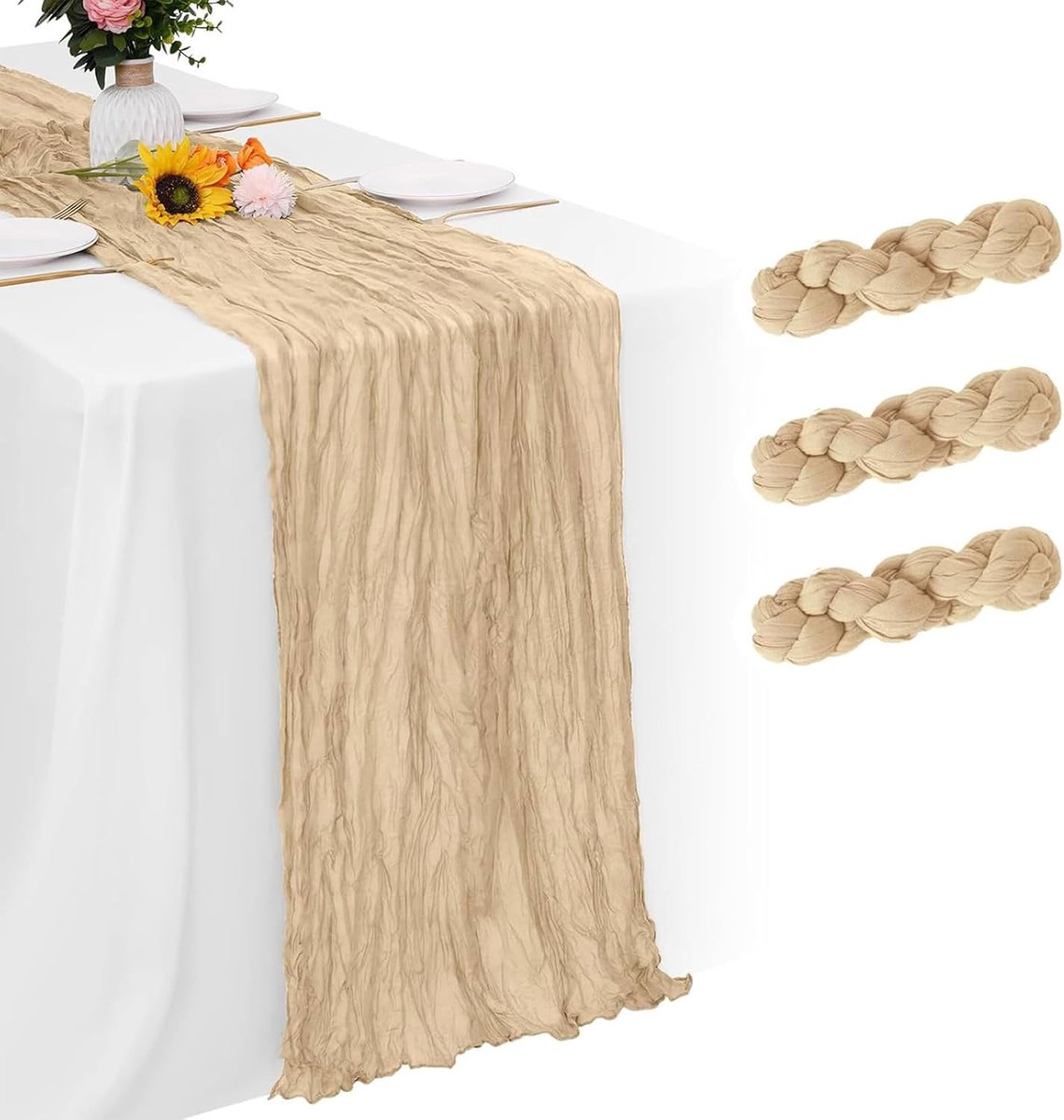 3 stuks tafelloper beige, tafelloper buiten, tafelloper | 3 stuks tafellopers beige, 55 x 300 cm, zachte kreukgaas, boho tafeldecoratie, drapeerbaar voor bruiloftsfeest