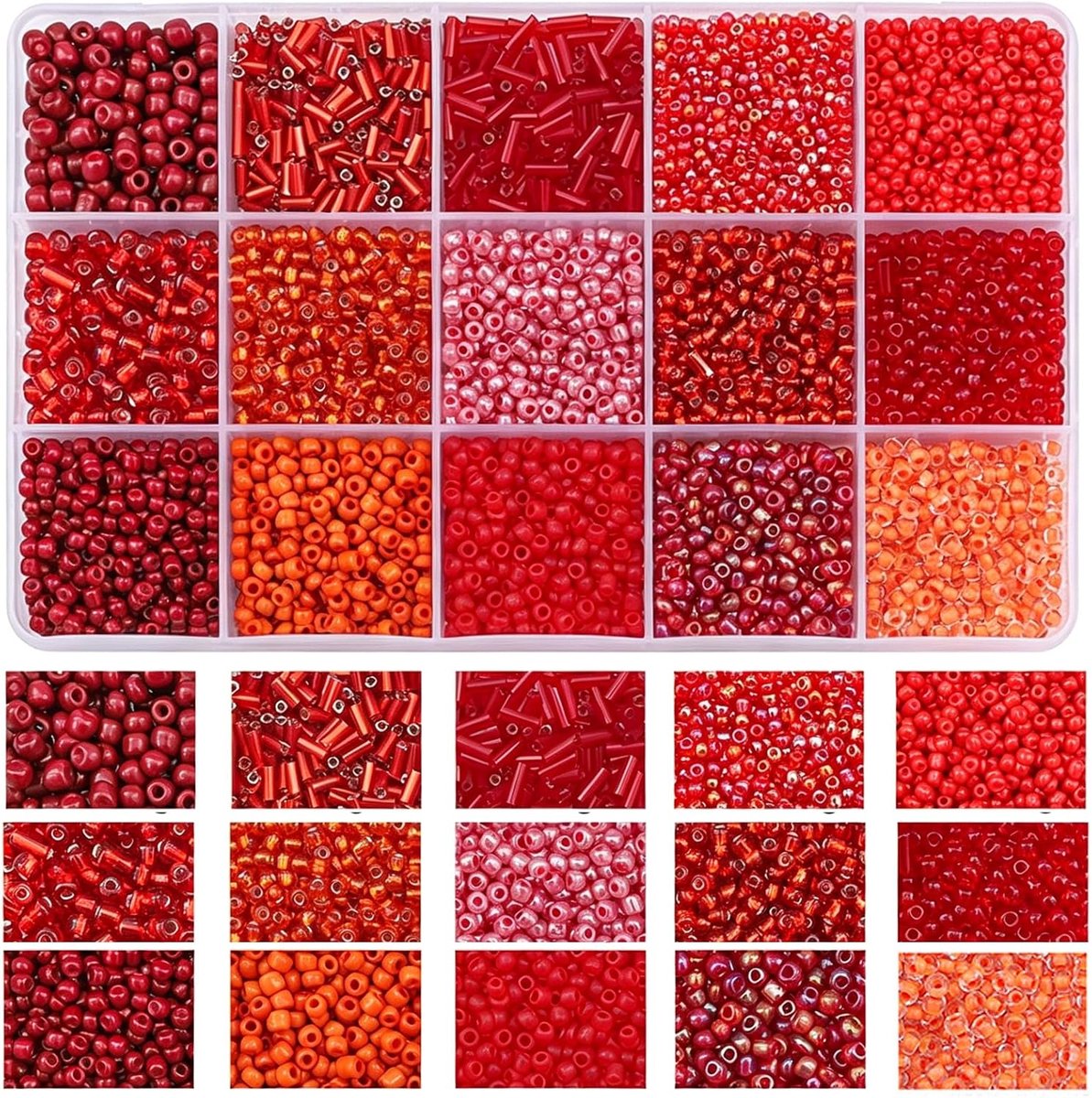 Kralenset, 15 kleuren, kleine rocailles en strijkkralen in opbergdoos, doe-het-zelf sieraden maken kralen voor armbanden, halskettingen, oorbellen (wit/beige) (rood)