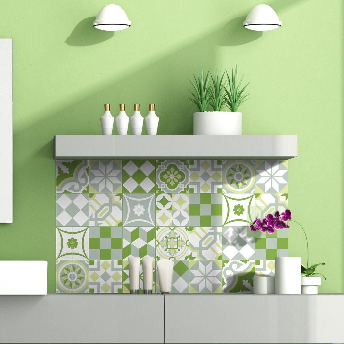 Sticker Zelfklevende decoratieve muursticker, cementtegel voor badkamer en keuken, versieringen, Verdoyant, verpakking van 24 stickers van 10 x 10 cm