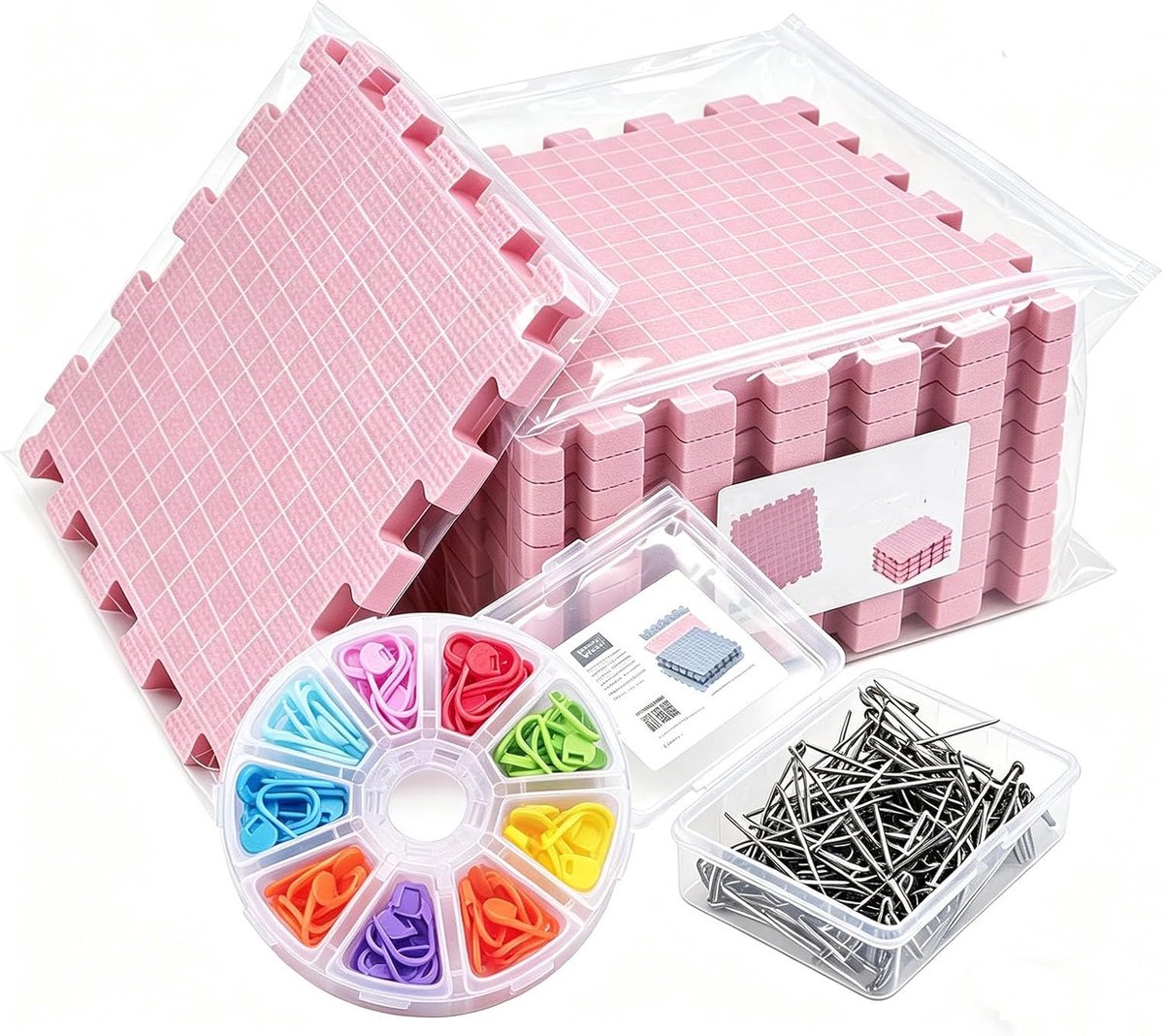 Breien, 32 x 32 cm, 104 clips, 100 T-naalden, opbergtas met rooster, voor knutselwerk of kroketpunt (roze)