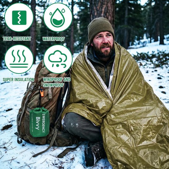 Noodslaapzak - Bivakhoes Warmtedeken - Buiten Overleven - Compact Lichtgewicht - 210x90 cm - Groen Oranje — afbeelding 2